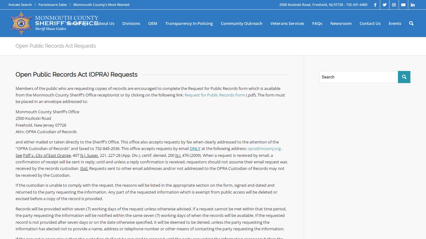 Open Public Records Act Requests – Monmouth County Sheriff's Office